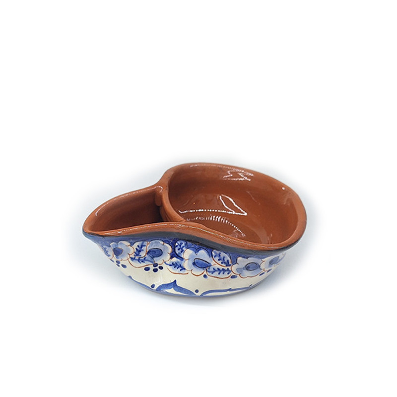 Olive dish-blue and white flowers