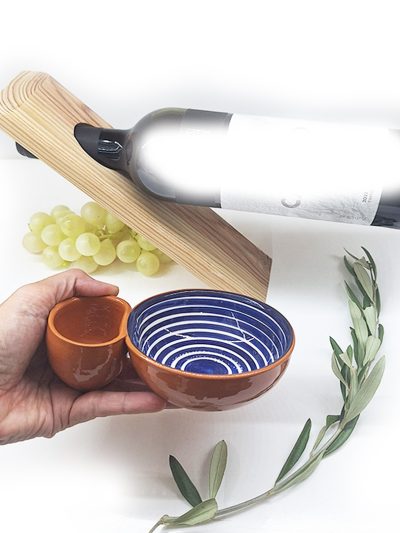 Wine bottle holder and clay olive dish